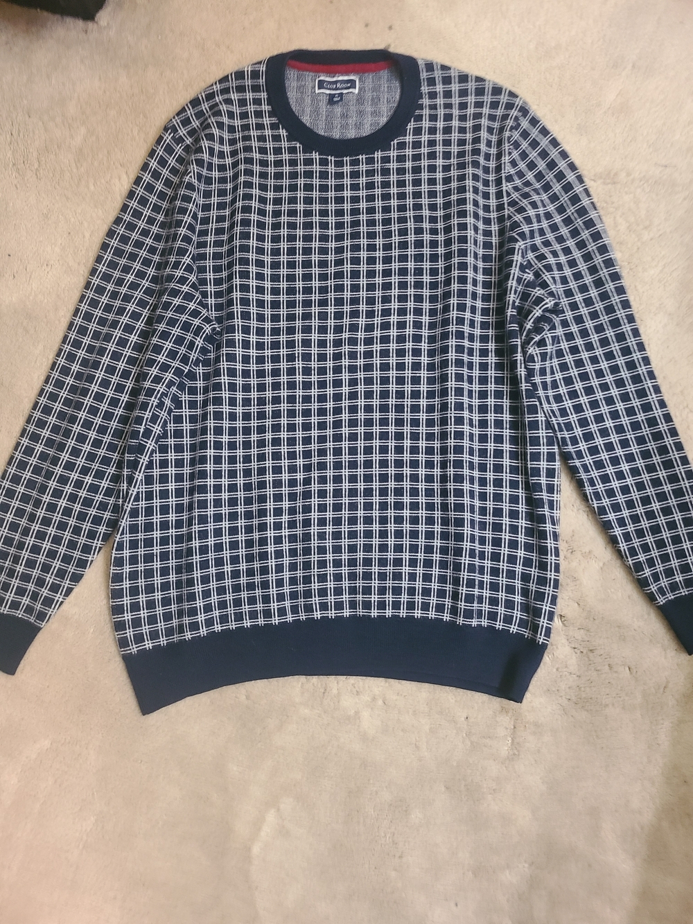 Club Room Navy Crewneck Sweater with White Grid
